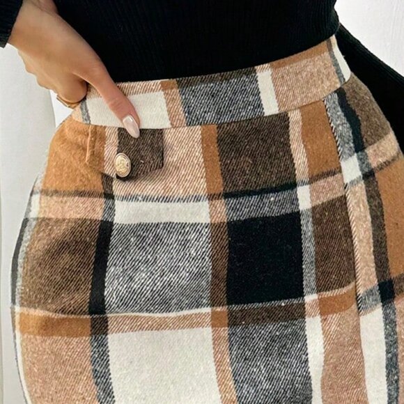 Multicolor Casual Women's Button-Embellished Plaid Pencil Skirt - Picture 6 of 6